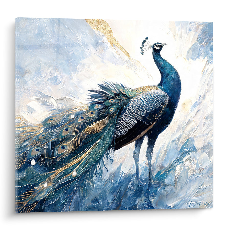 Tableau Paon bleu et doré à plumes déployées - Élégance glacée - Edition Paon
