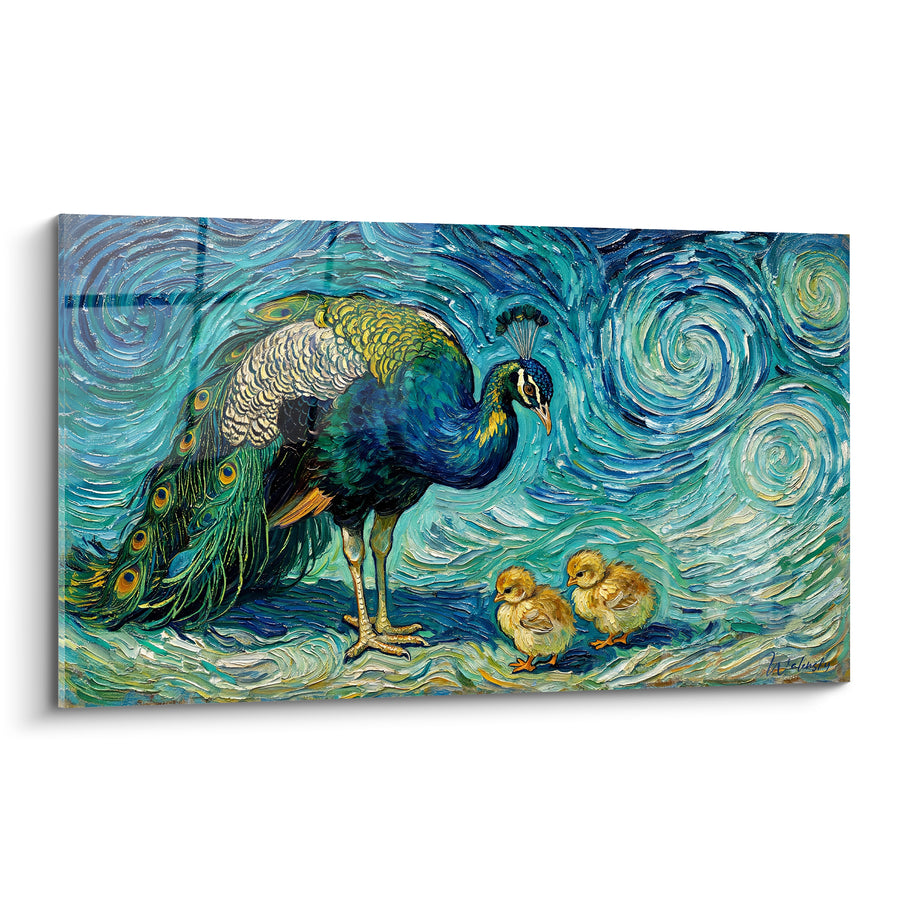 Tableau Paon bleu et vert avec ses poussins - Veille maternelle - Edition Paon
