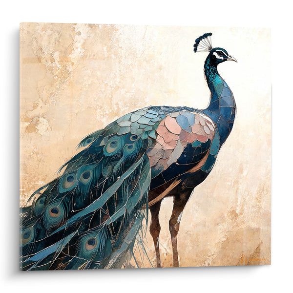Tableau Paon bleu et rose aux plumes mosaïquées - Élégance déployée - Edition Paon
