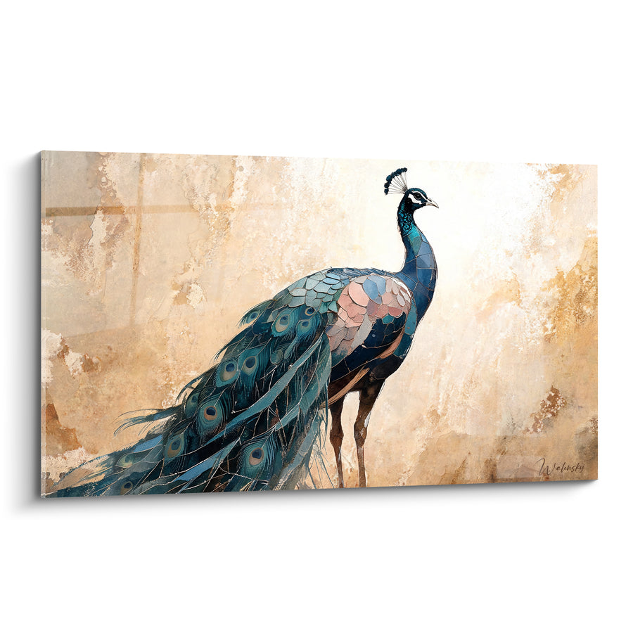 Tableau Paon bleu ocre à traîne déployée - Grâce impériale - Edition Paon