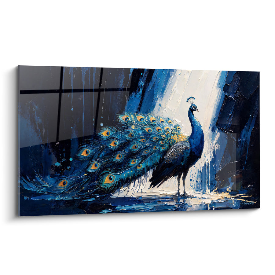 Tableau Paon bleu et doré à longue traîne - Grâce royale - Edition Paon