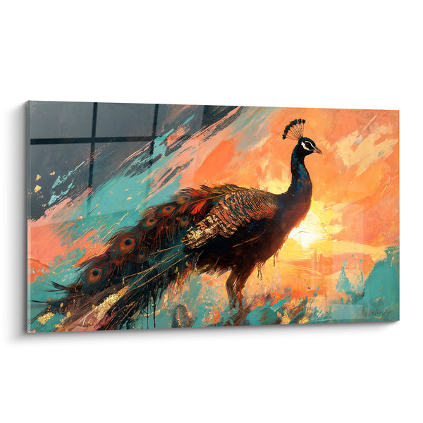 Tableau Paon bleu nuit fond corail turquoise - Lever solaire flamboyant - Edition Paon