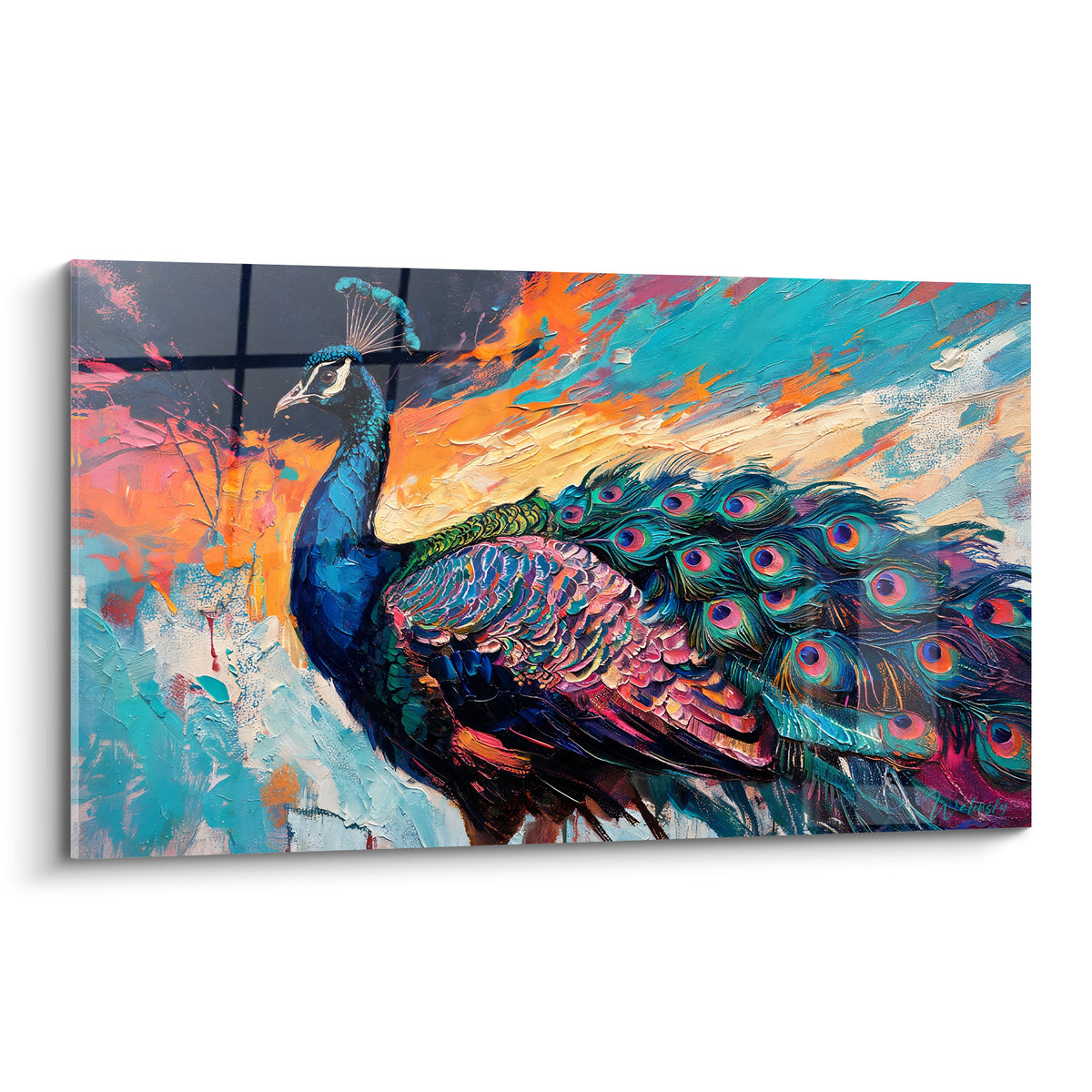 Paon aux plumes bleu turquoise et rose déployées sur fond orange flamboyant à empâtements épais