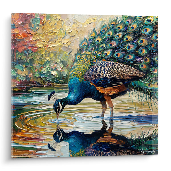 Tableau Paon bleu et orangé penché sur l'eau - Reflet silencieux - Edition Paon