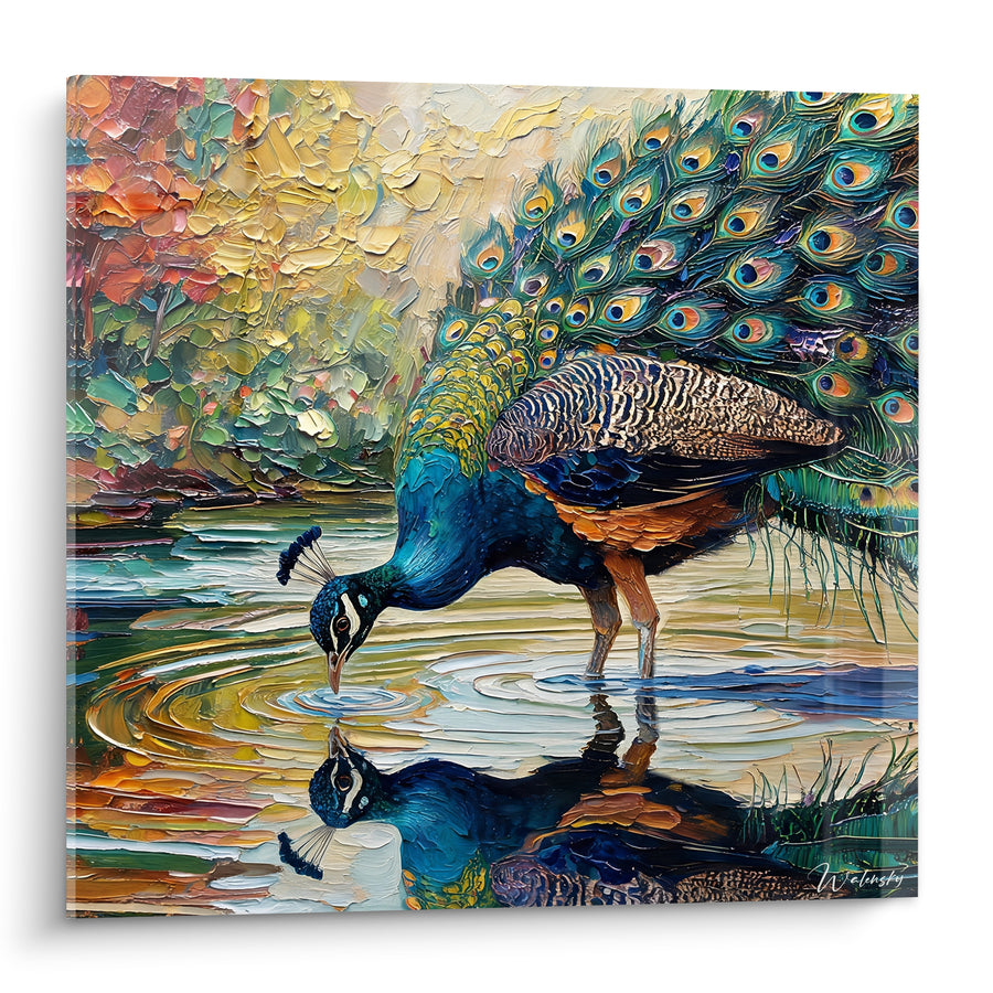 Tableau Paon bleu et orangé penché sur l'eau - Reflet silencieux - Edition Paon