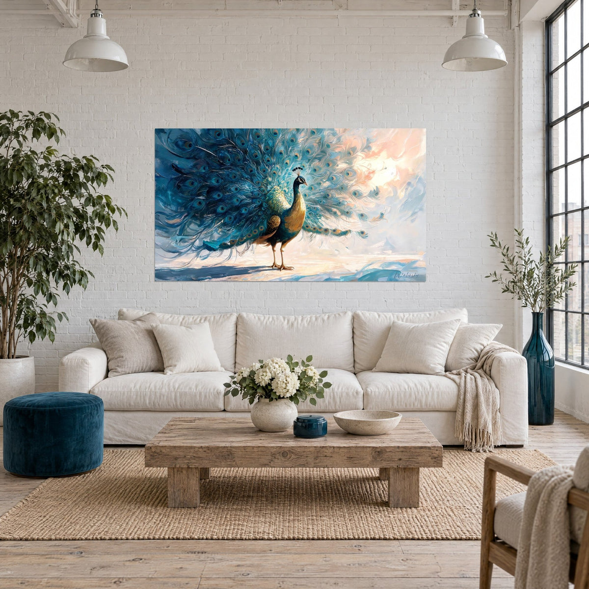Schilderij pauw in pauwblauw en goud, waaier van ogenveren tegen een perzikkleurige lucht, boven een bank in een lichte woonkamer