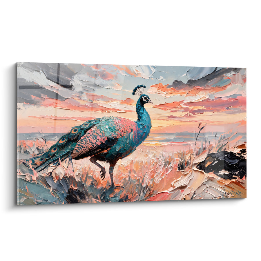 Tableau Paon bleu marchant sous ciel corail - Marche vers l'horizon - Edition Paon