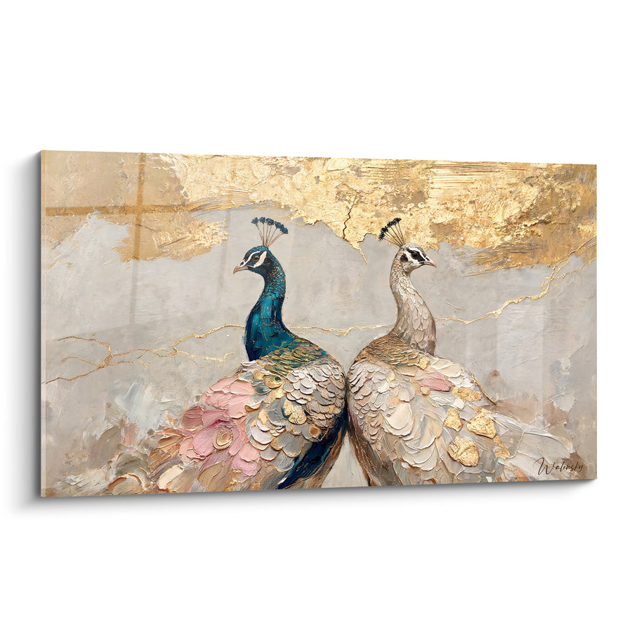 Tableau Paons bleu pétrole et doré côte à côte - Complicité royale - Edition Paon