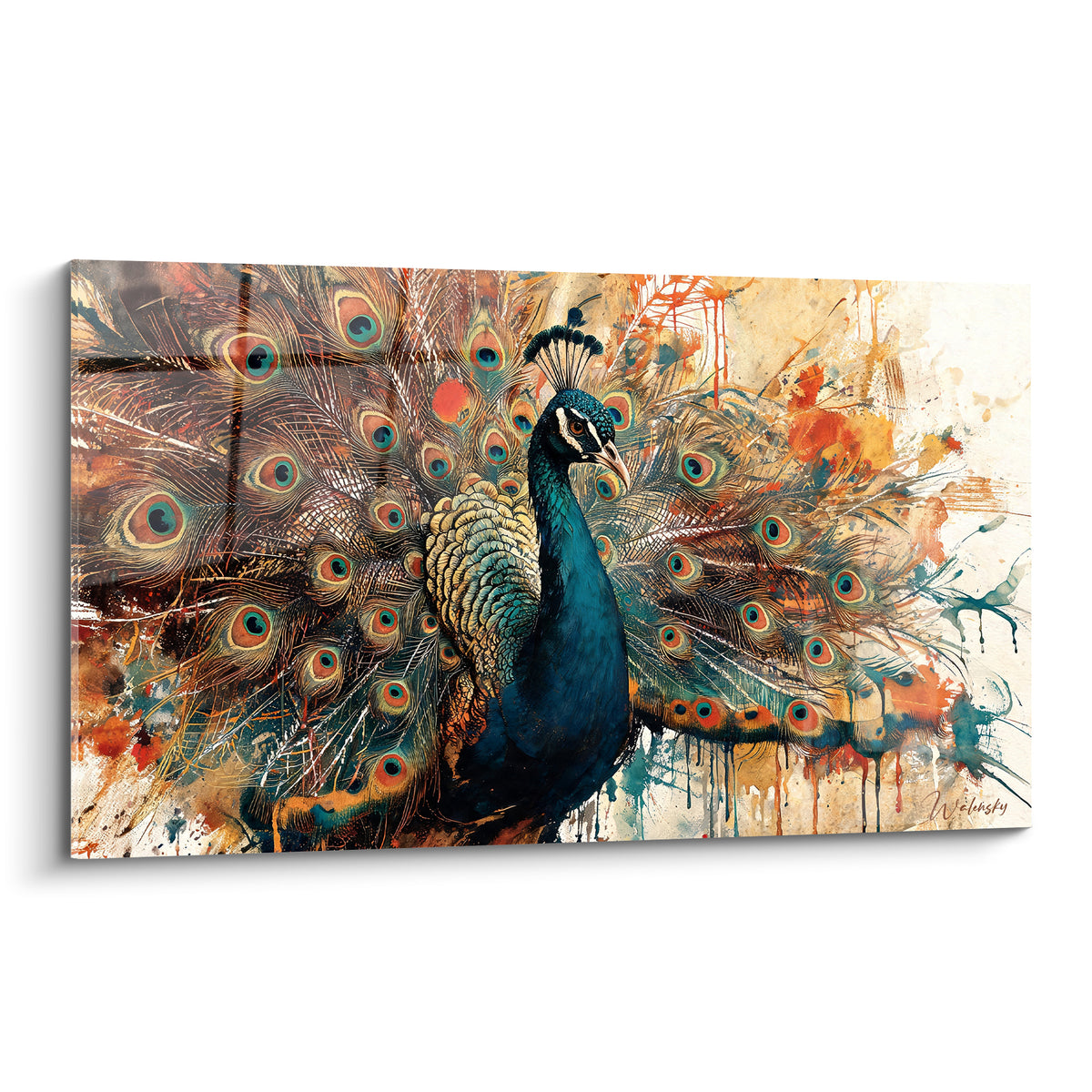 Paon déployant sa roue bleu pétrole et ocre, plumage aquarelle aux motifs oculaires colorés