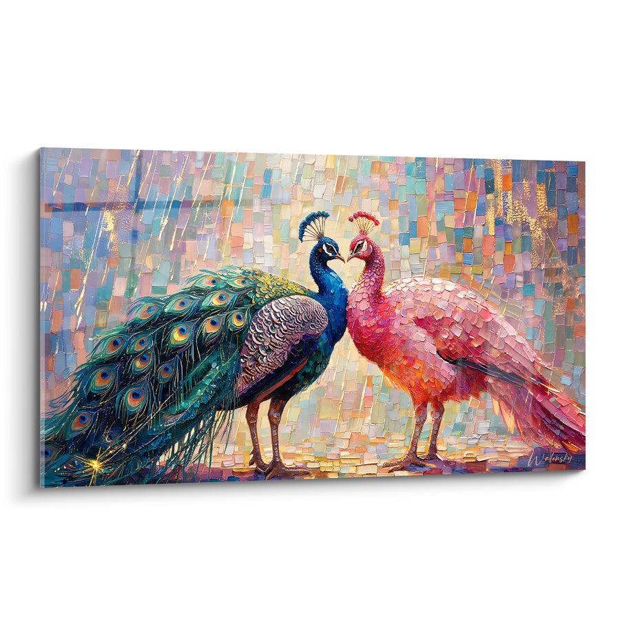 Tableau Paons bleu et rose tête à tête - Tête-à-tête amoureux - Edition Paon