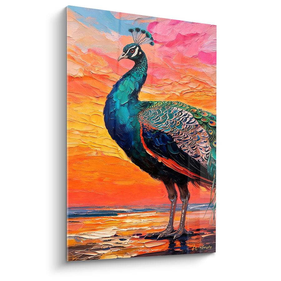 Tableau Paon bleu sarcelle et fond orange embrasé - Veille au crépuscule - Edition Paon