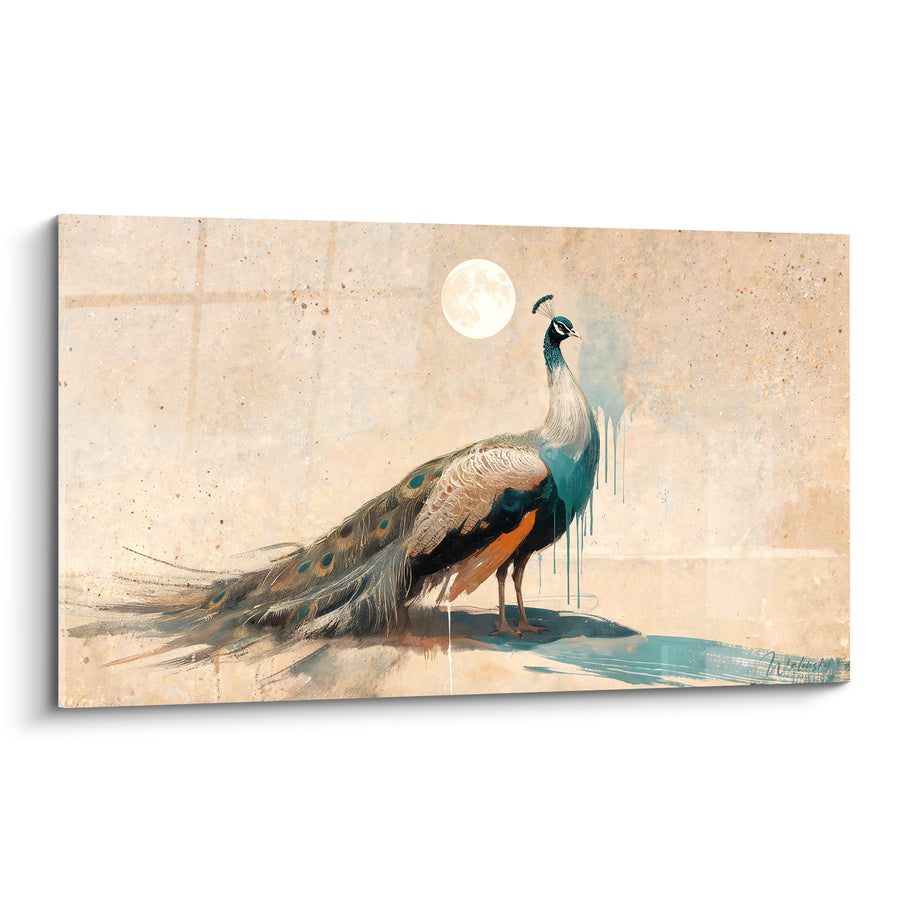 Tableau Paon bleu et ocre sous une lune - Veille sous la lune - Edition Paon