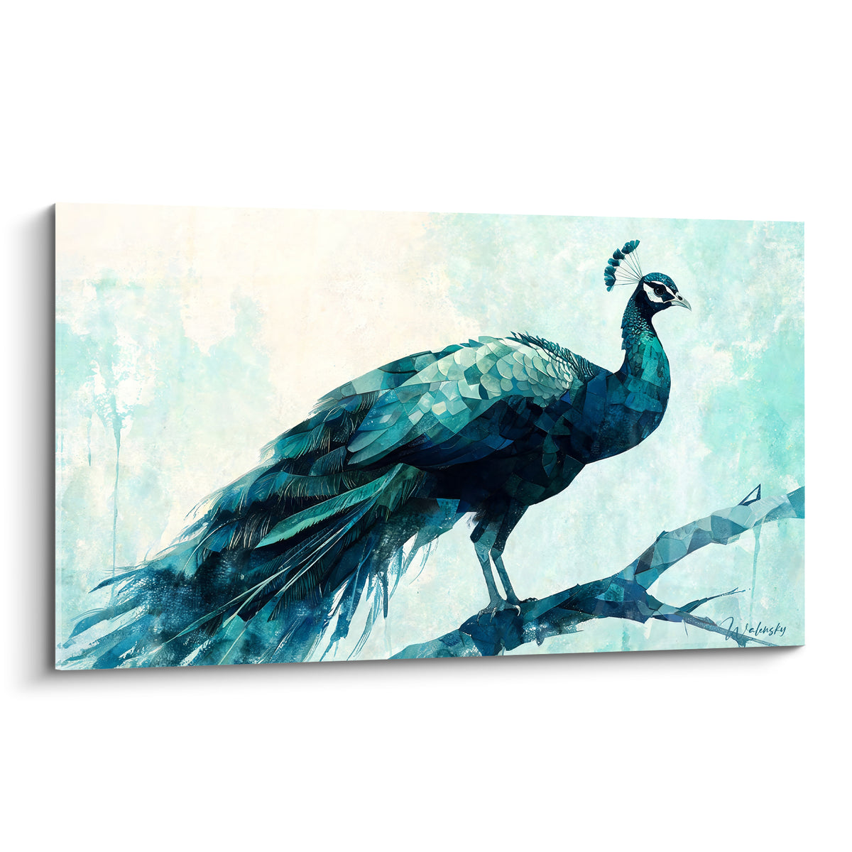 Paon bleu turquoise perché sur une branche stylisée, plumage vert émeraude et anthracite détaillé