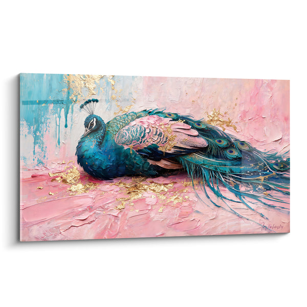 Tableau Paon bleu et rose aux éclats dorés - Sommeil royal - Edition Paon