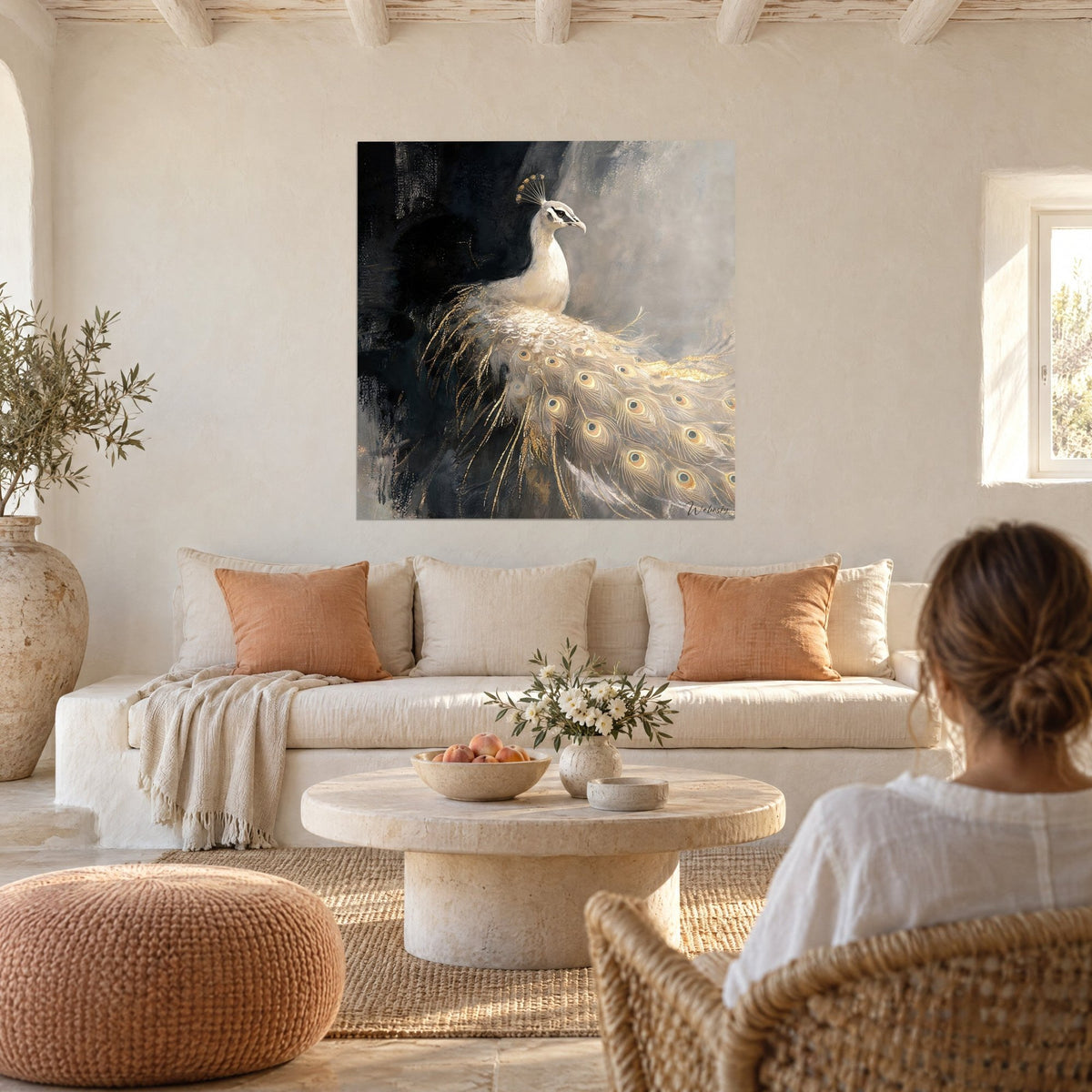 Wall art white peacock with a long neck, golden feathers on an anthracite and pearl grey background, hanging in a beige living room above a sofa in a bright lounge
