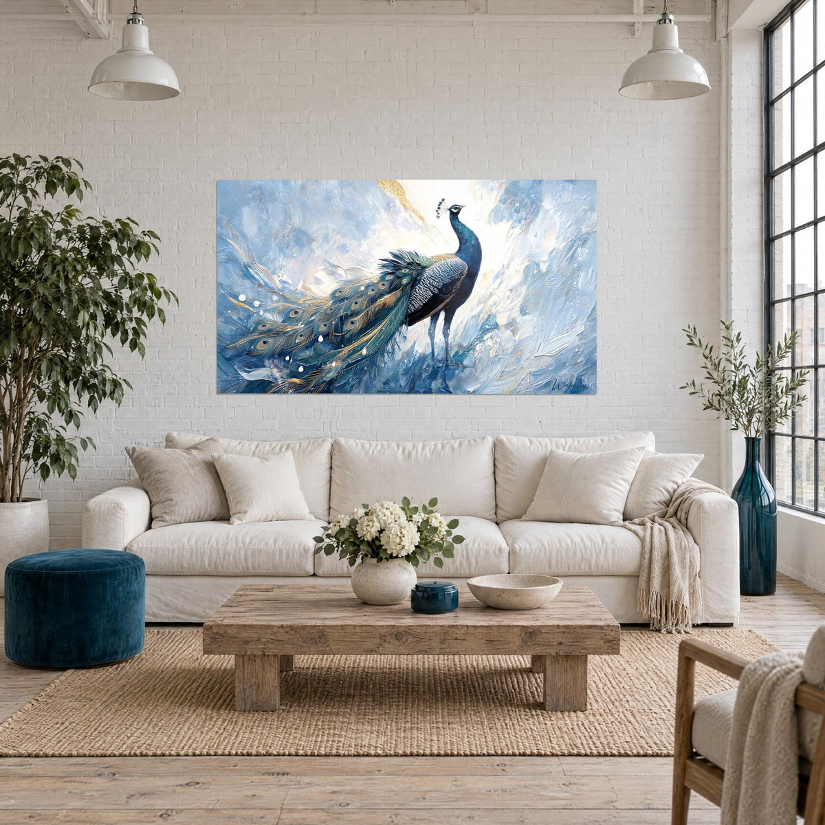 Tableau paon bleu nuit aux plumes dorées sur fond glacé, empâtements blancs, au-dessus d'un canapé dans un salon lumineux
