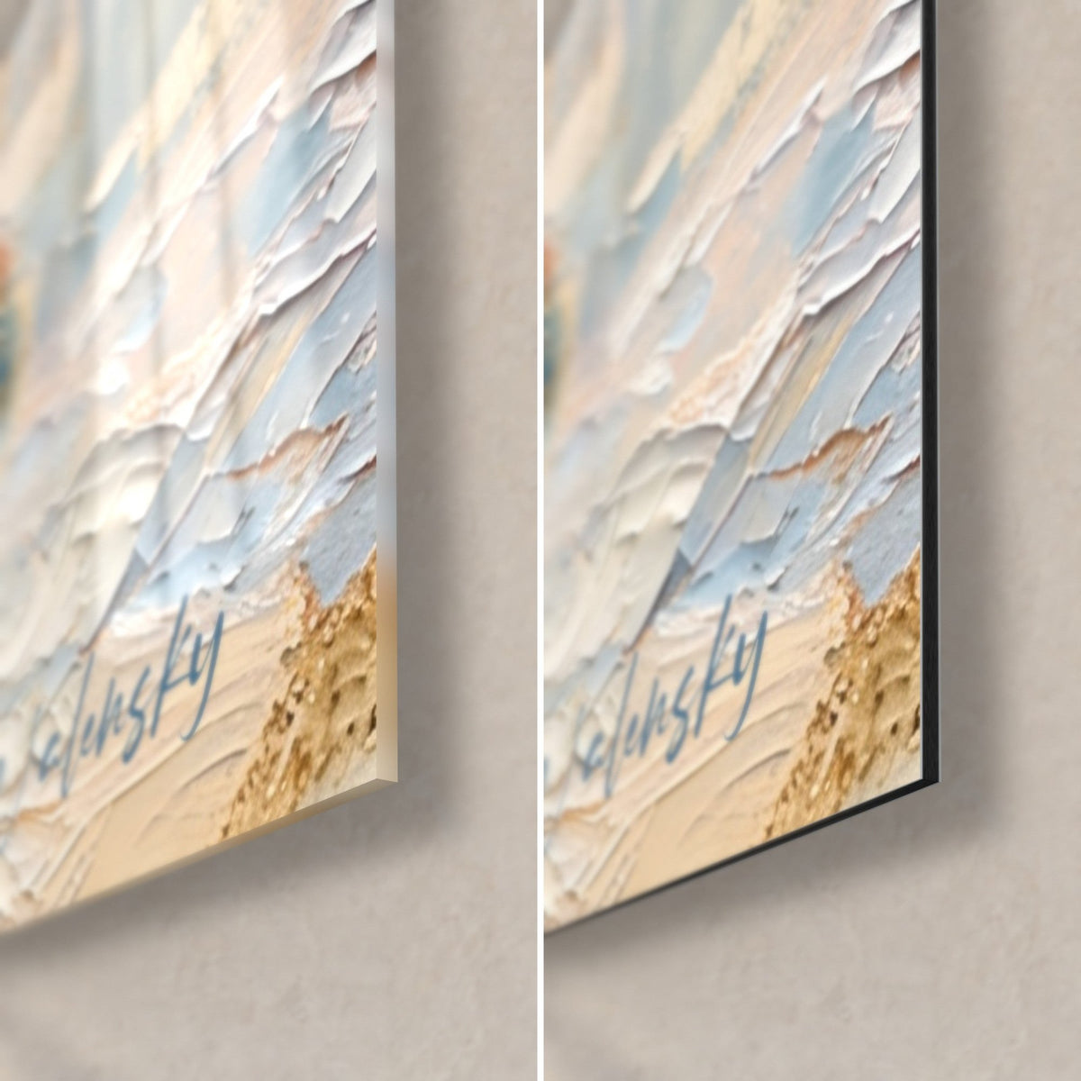 Tableau paonne en peinture épaisse, coin bas droit, signature bleue sur beige et or, verre acrylique brillant et Dibond mat, tranche 3 mm