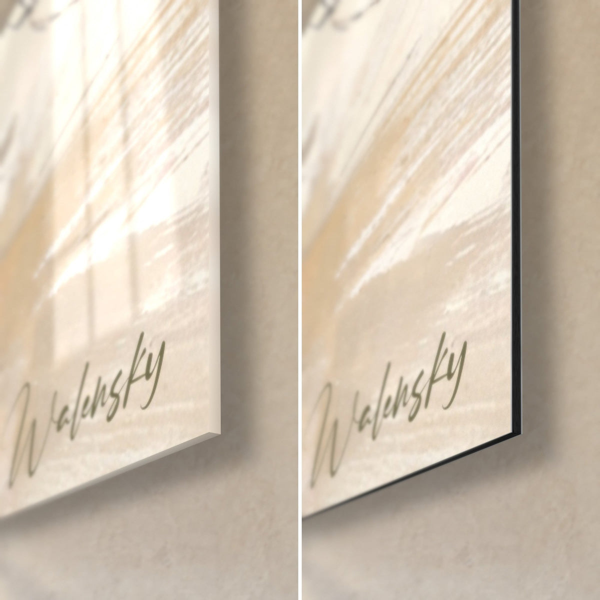Tableau paon à l'encre et aquarelle, coin bas droit : signature Walensky, tranche de 3 mm, verre brillant et Dibond mat
