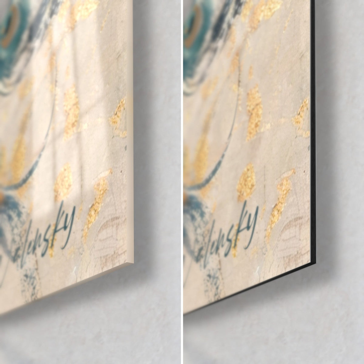 Schilderij pauw in aquarel, rechteronderhoek: glanzend glas links, mat Dibond rechts, rand van 3 mm, gouden spatjes en signatuur
