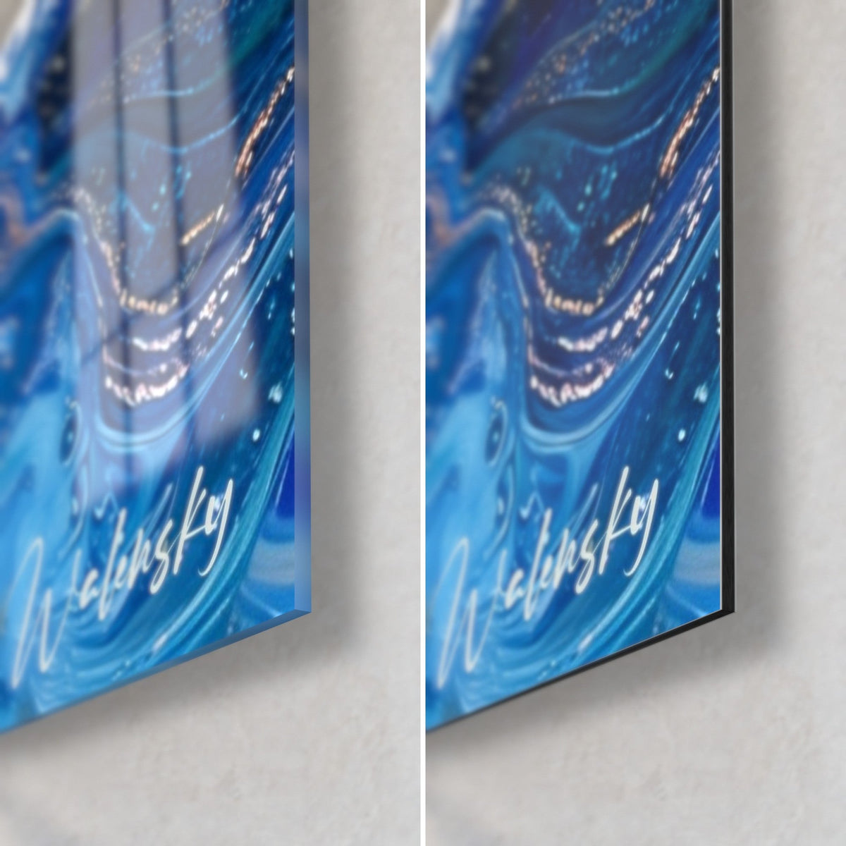 Tableau plumes d'ocelles bleu cobalt et ambre, coin bas droit, tranche de 3 mm, verre acrylique brillant et alu Dibond mat