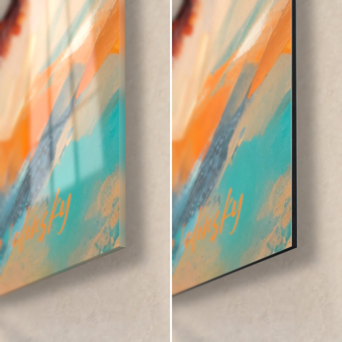Tableau oiseau de parade en coups de pinceau turquoise et orange, coin bas droit en verre brillant et Dibond mat, tranche de 3 mm