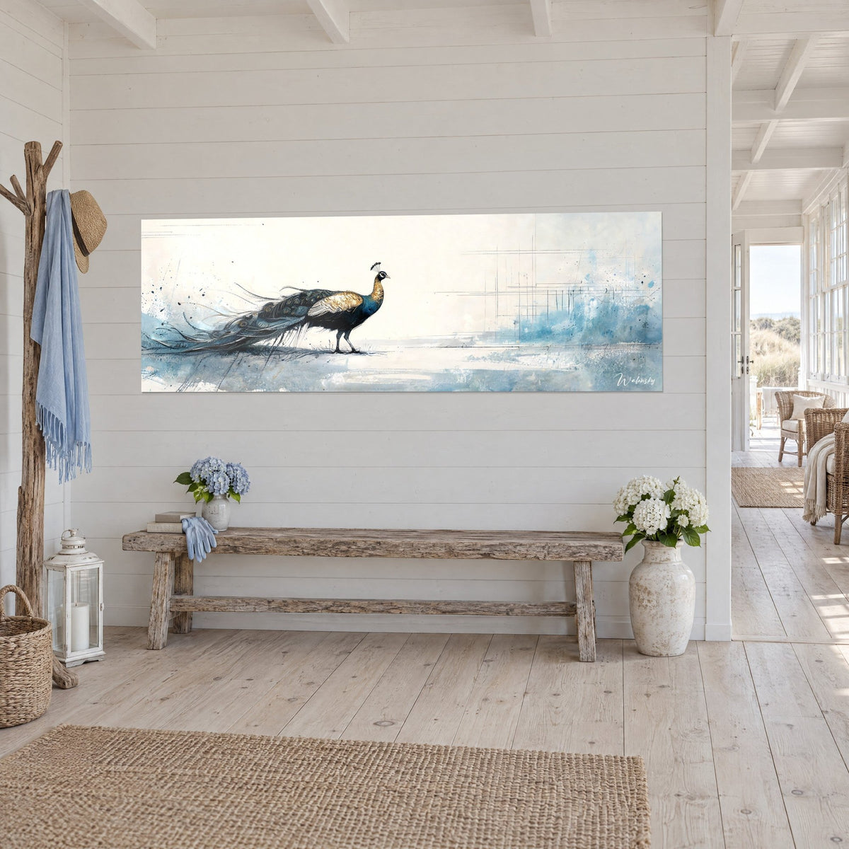 Gemälde Vogel mit goldenen Federn, zerzauste schwarz-türkise Schleppe, cremefarbener Hintergrund, Dreiviertelansicht, Haus am Meer