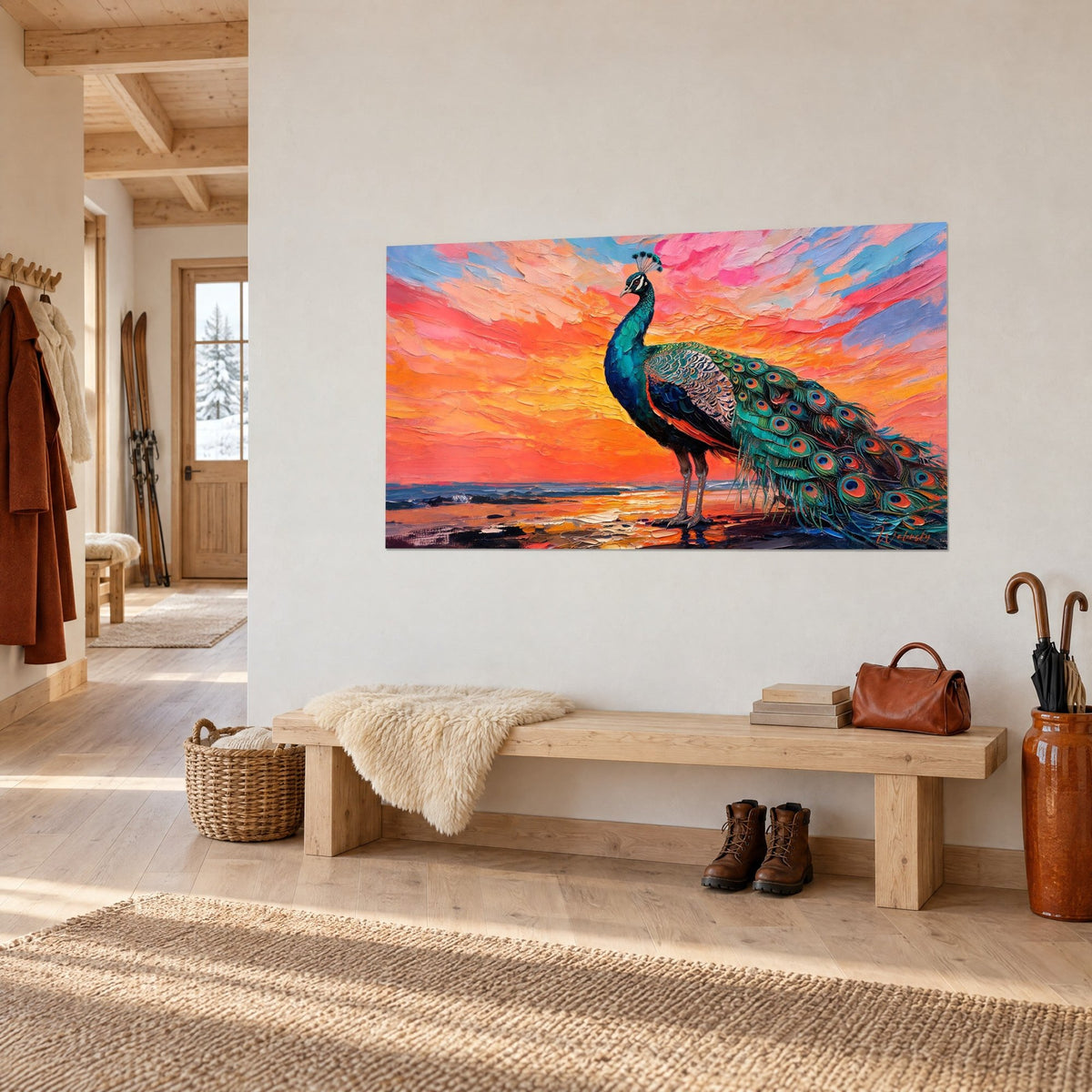 Tableau oiseau à longue traîne ocellée turquoise et rouge corail, ciel rose en pâte épaisse, mur blanc d'une entrée de chalet