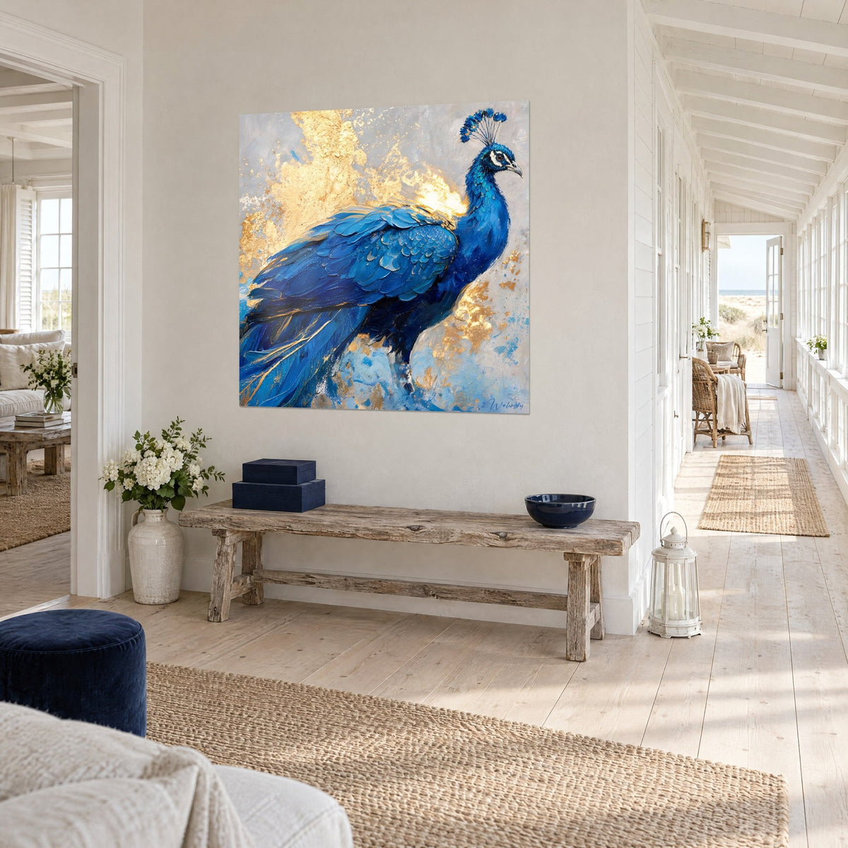 Wall art royal bird with a turquoise crest, sapphire plumage and golden highlights, at the end of a seaside hallway