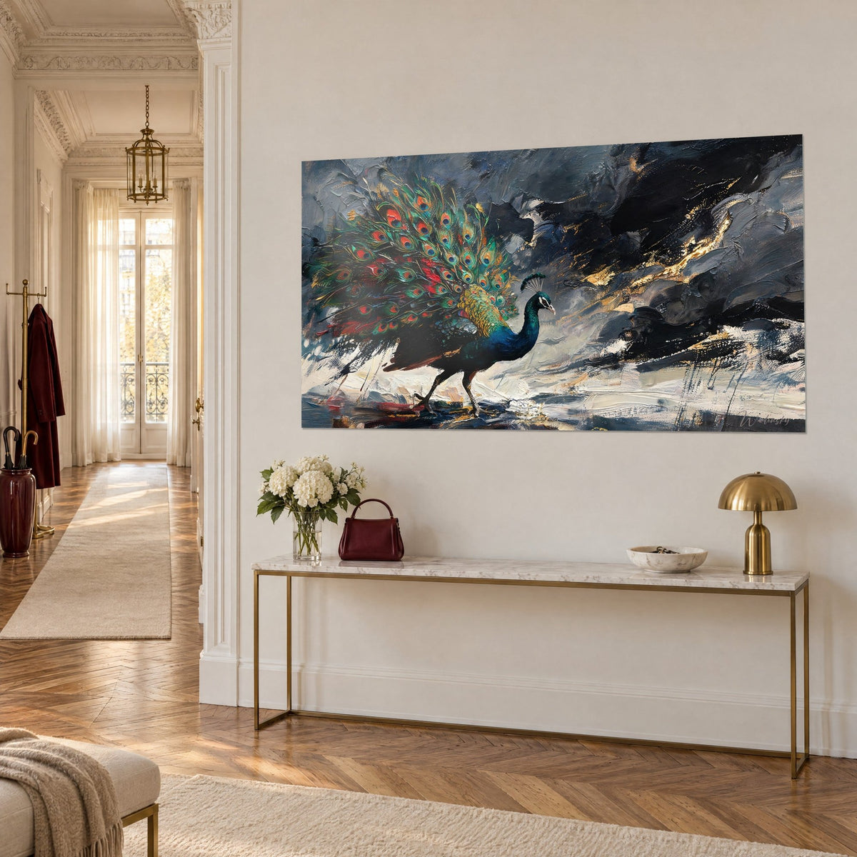 Wall art royal bird with a long green and red train, black and gold brushstrokes, on a white wall above a gilded console table