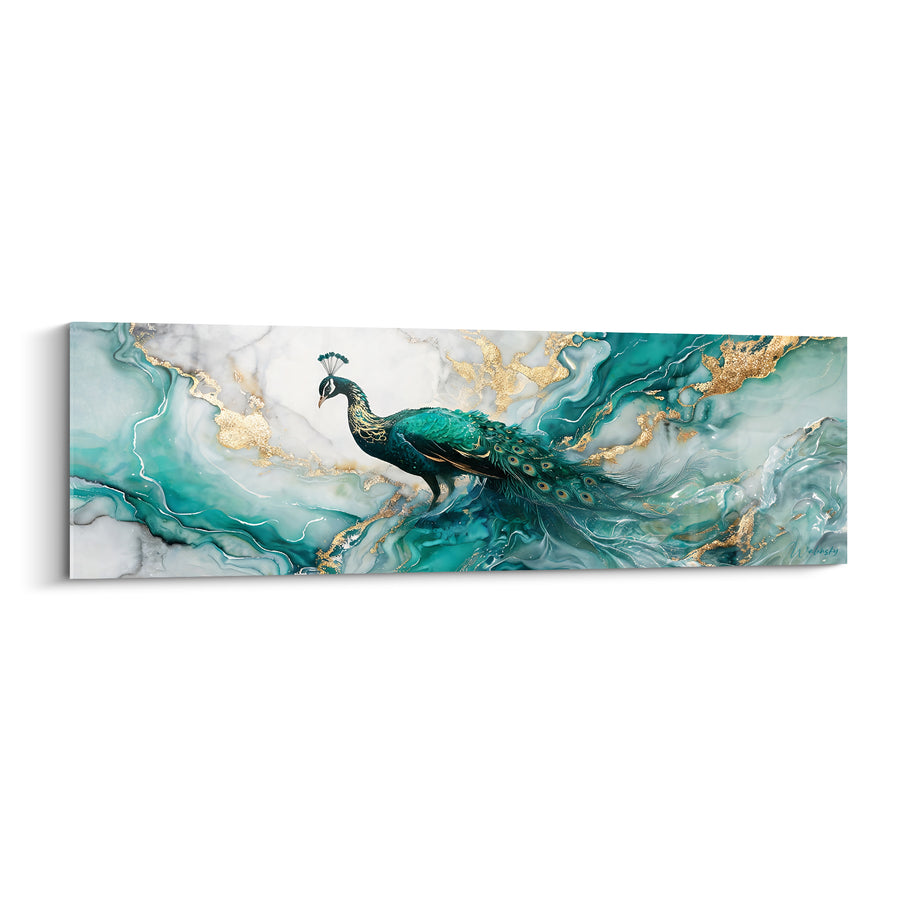 Tableau Paon émeraude et doré sur marbre liquide - Apparition royale - Edition Paon