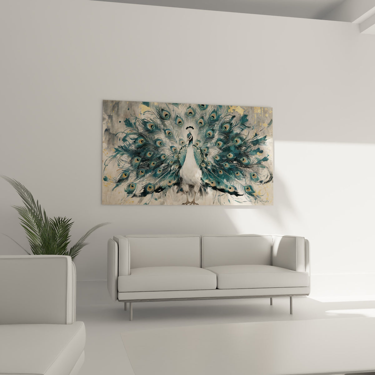 Paon blanc à la roue déployée bleu émeraude au-dessus d'un canapé dans un salon lumineux
