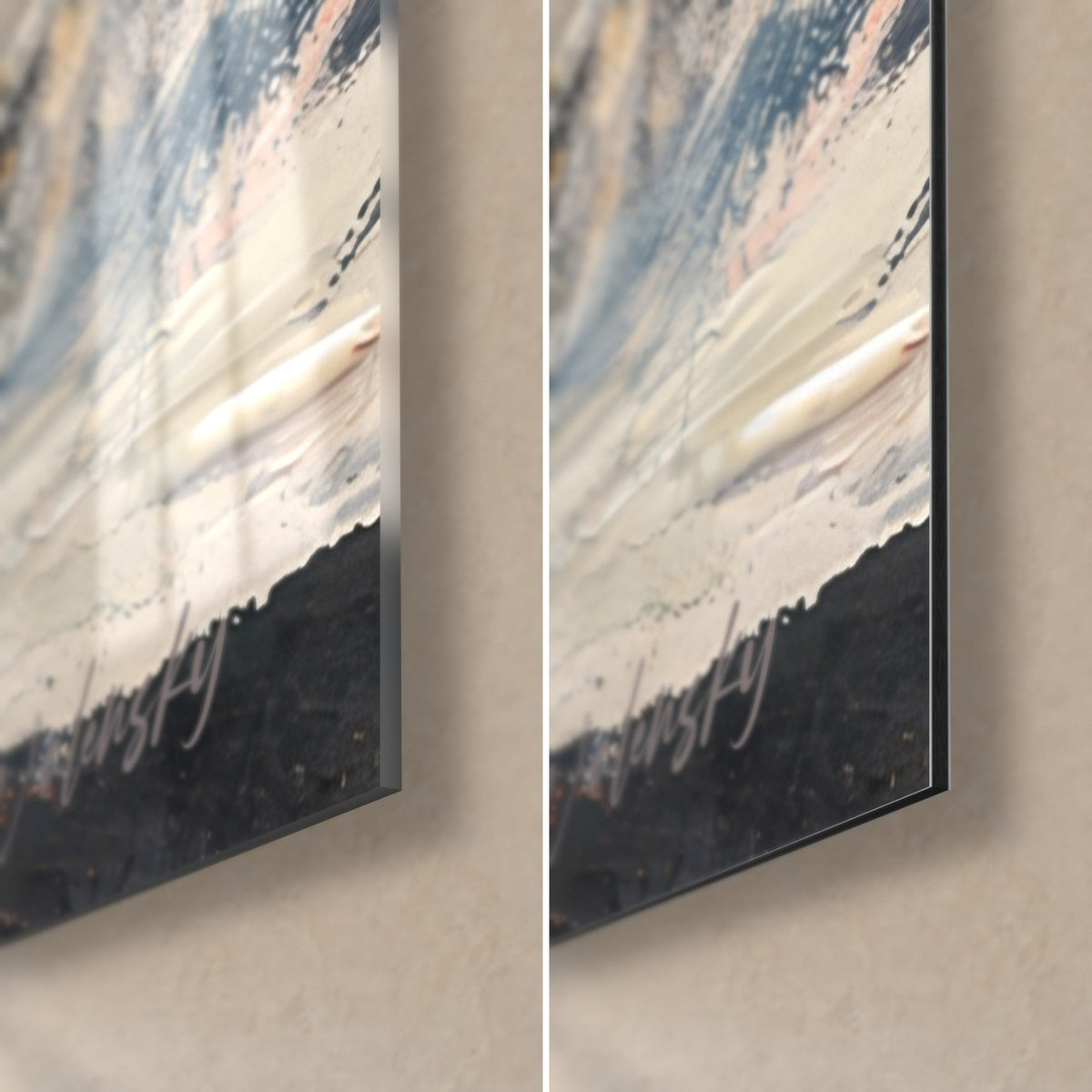 Wall art bird with emerald and copper plumage, bottom right corner, glossy acrylic glass on the left and matte Dibond aluminium on the right, 3 mm edge