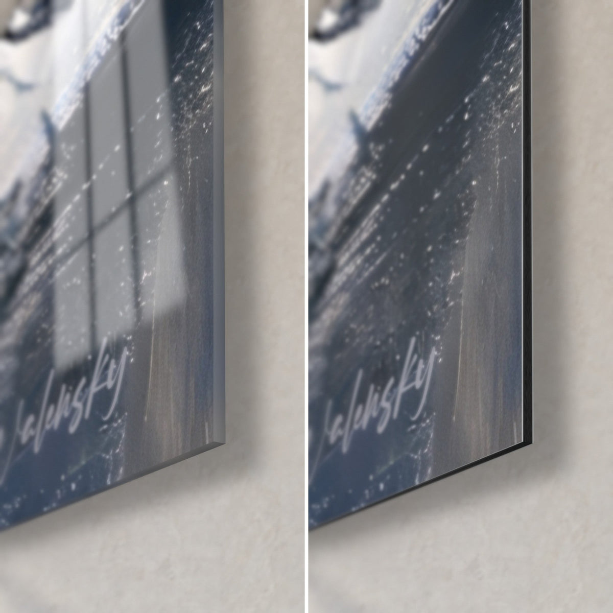 Tableau volatile bleu nuit, coin bas droit : verre acrylique brillant à gauche, alu Dibond mat gris à droite, tranche de 3 mm
