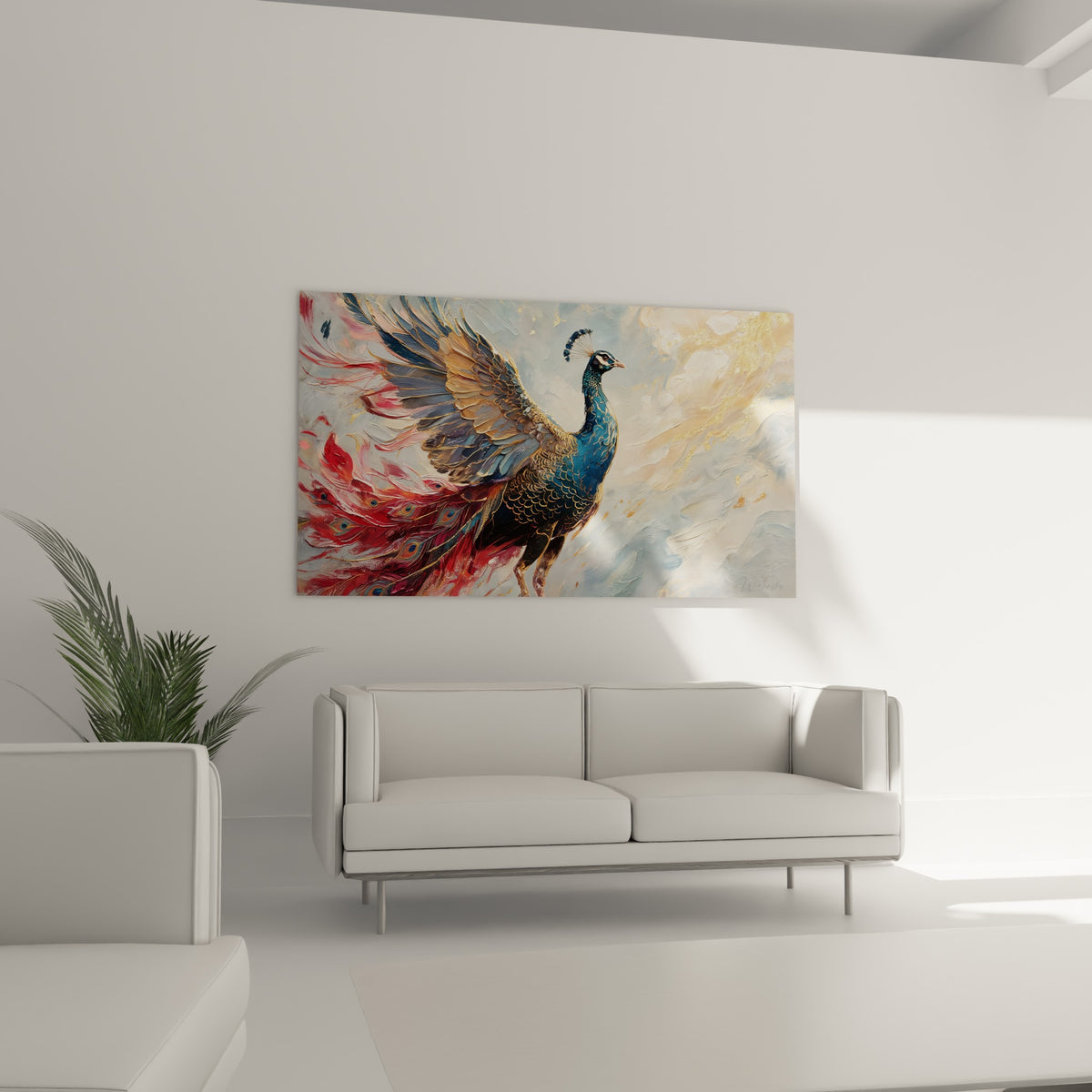 Paon bleu profond et rouge carmin en plein envol, accroché au-dessus d'un canapé dans un salon lumineux