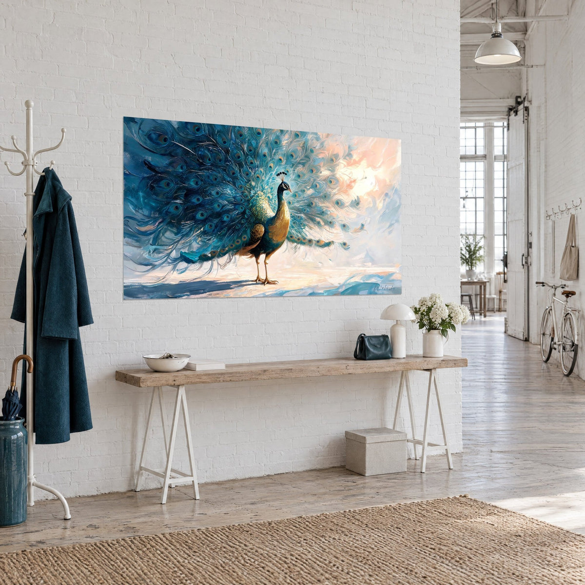 Schilderij vogel met luchtig turquoise en lichtroze verenkleed, olieverf in penseelstreken, aan de witte muur van een kunstenaarsloft
