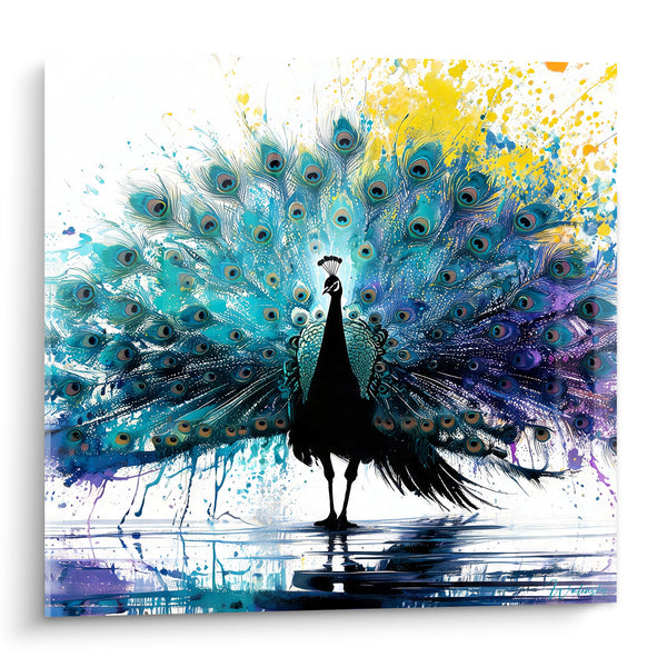 Tableau Paon silhouette noire éventail turquoise doré - Parade éclatante - Edition Paon