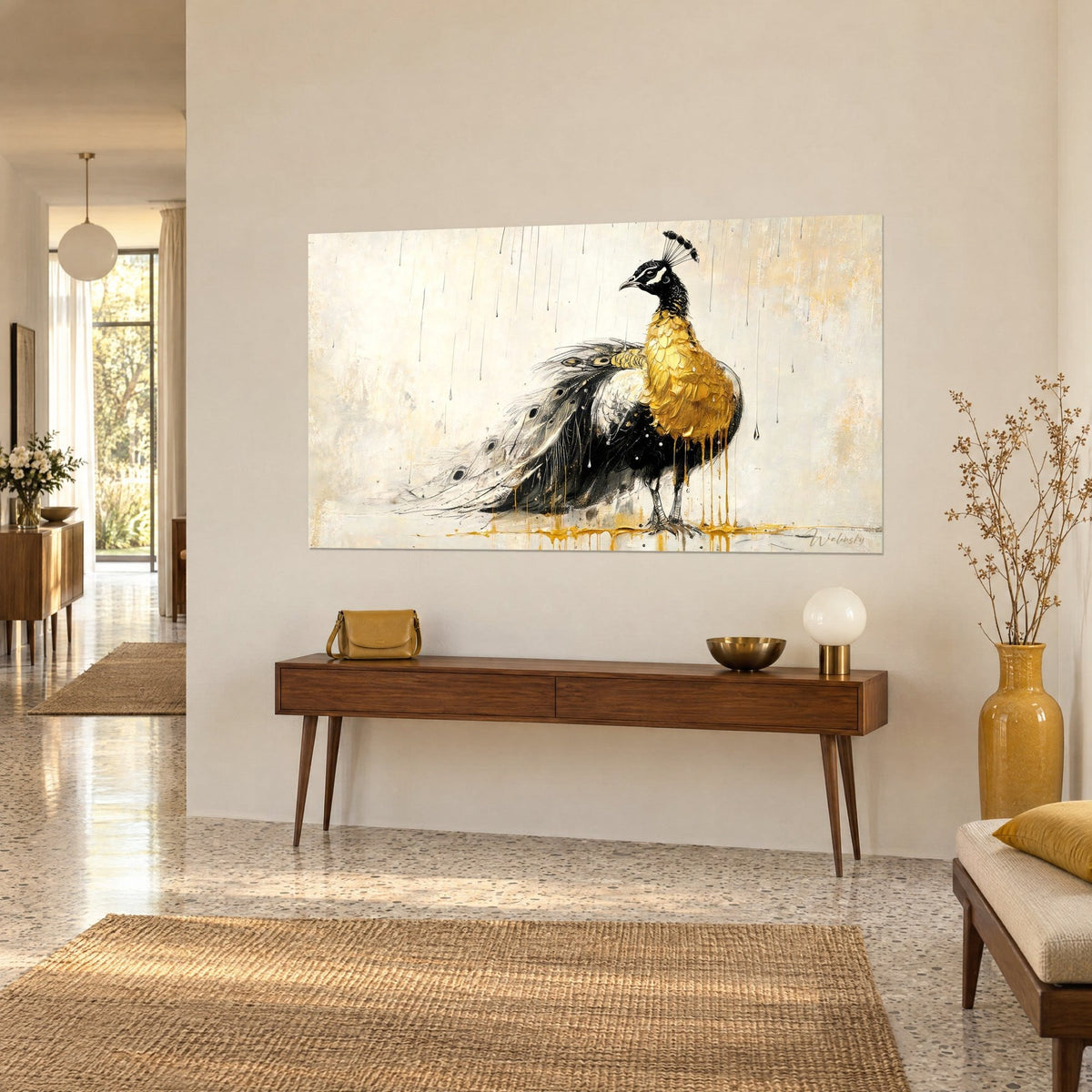 Wall art royal bird with thick golden impasto breast, black eye-pattern train on cream background streaked with drips, on a wooden sideboard, entrance with beige walls