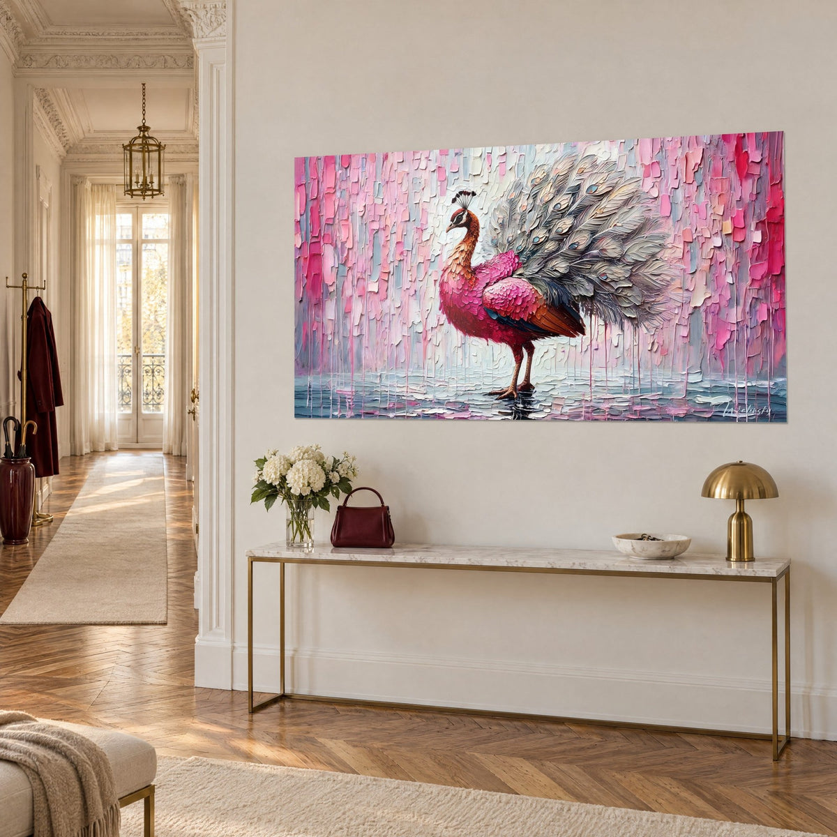 Wall art bird with a long silver train, magenta and copper breast on pale pink background, three-quarter view, gold console