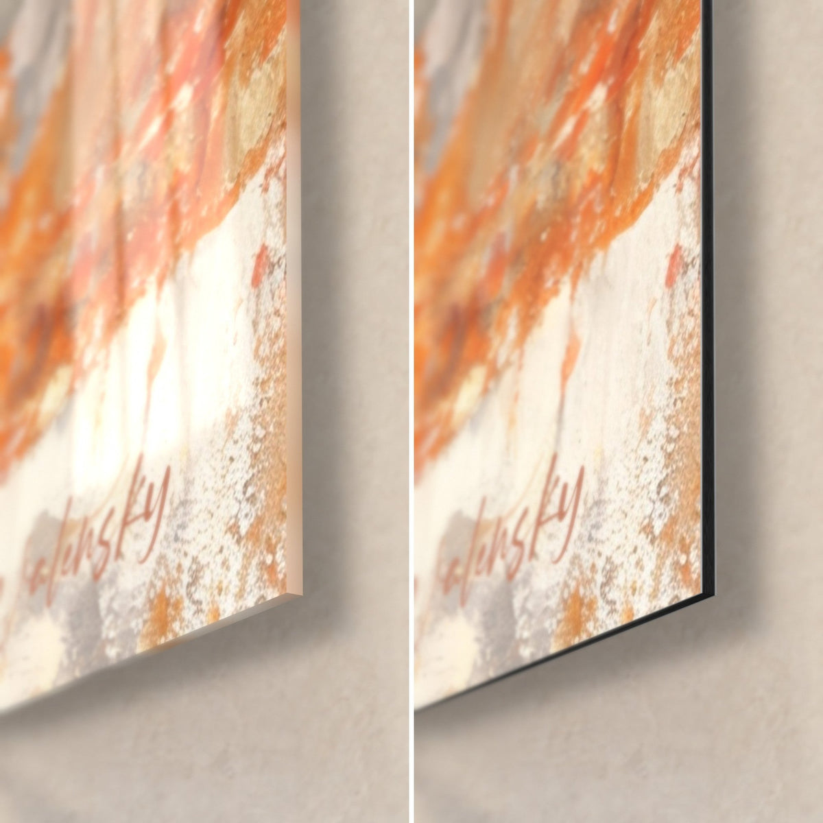 Wall art red peacock, bottom right corner: glossy acrylic glass with reflections on the left, matt grey and orange Dibond aluminium on the right