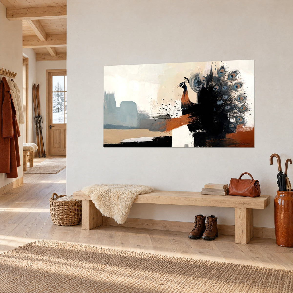 Tableau oiseau aux plumes d'encre noire et bleu-gris, traînée orange en travers, sur un mur blanc d'entrée de chalet