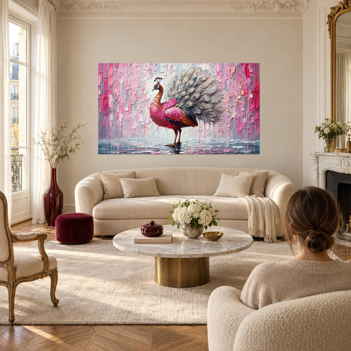Wall art fuchsia peacock with fanned grey feathers, pink and pearl grey drips, above a sofa in a bright living room
