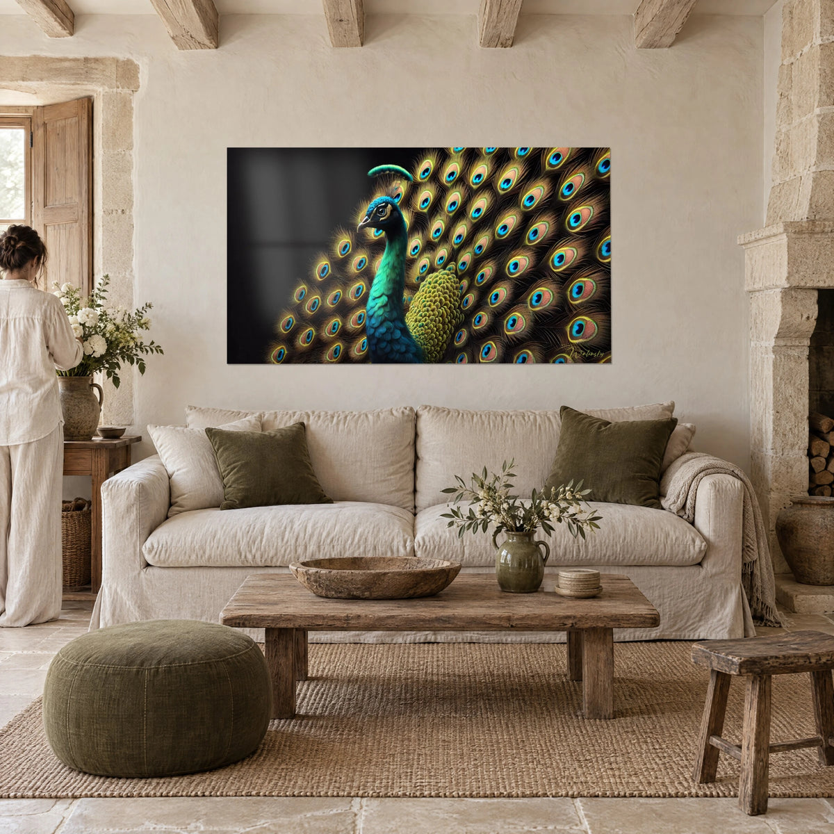 Quadro pavone blu e verde che apre la coda su fondo nero, piume con occhi dorati, sopra un divano in un soggiorno luminoso