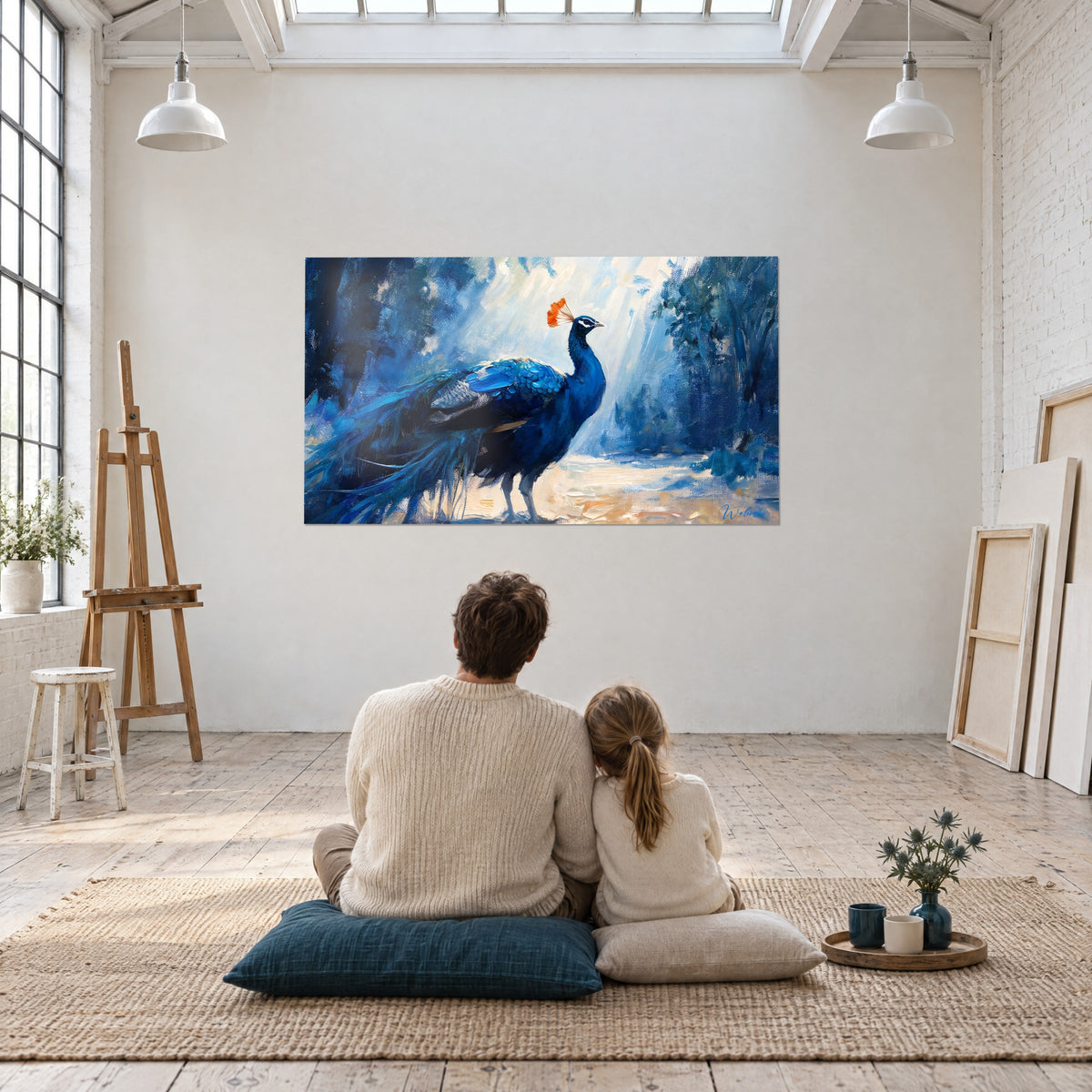 Schilderij van een grote indigokleurige vogel met oranje aigrette en blauwe staart, bekeken door een man en een meisje die van achteren op een rietmat zitten