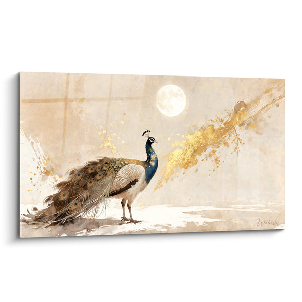 Tableau Paon bleu sous une lune dorée - Veillée sous la lune - Edition Paon