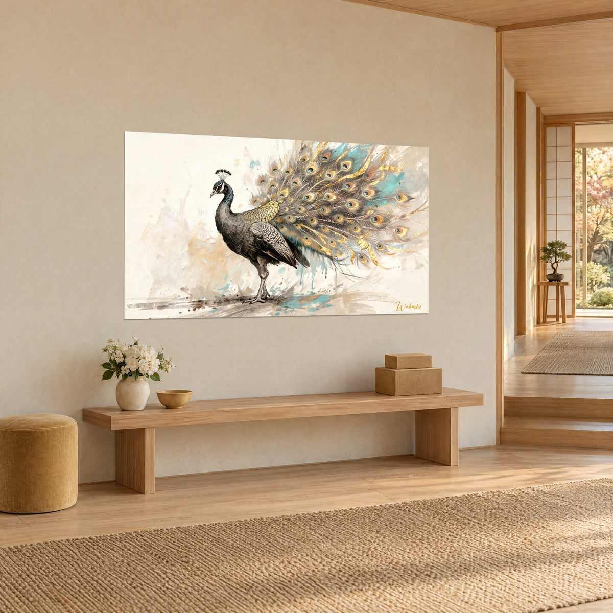 Tableau oiseau aux ocelles cuivrées et plumes d'or, éclaboussures turquoise et beige, vue de trois-quarts, console en bois, au-dessus d'un banc en bois clair dans une entrée japandi