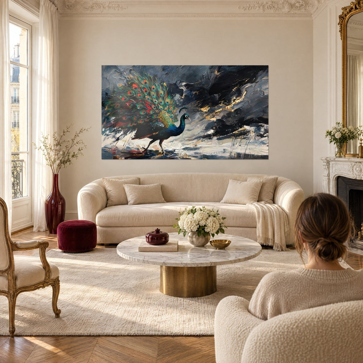 Wall art blue peacock with orange eye-spot feathers on a gilded charcoal background, two people seen from behind, above a sofa in a bright living room