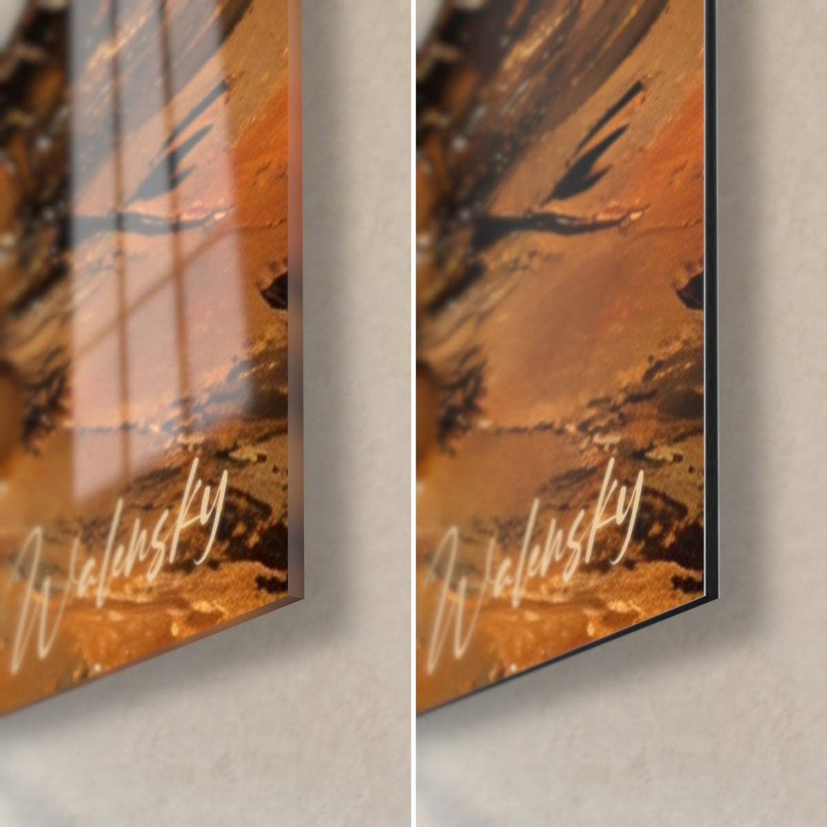 Tableau volatile doré, coin bas droit : verre acrylique brillant à gauche, Dibond mat à droite, ombre cuivre et orange, tranche de 3 mm
