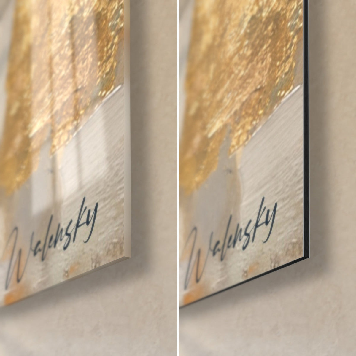 Tableau volatile noir et or, coin bas droit : verre acrylique brillant à gauche, alu Dibond mat à droite, signature Walensky