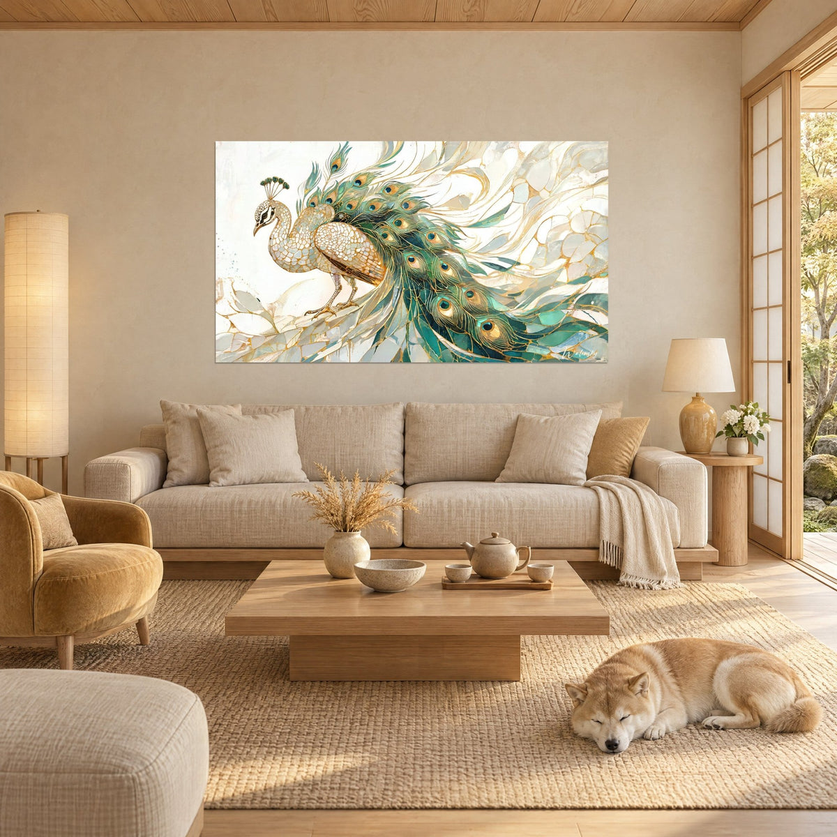 Tableau paon ivoire en mosaïque nacrée, queue vert émeraude et turquoise aux ocelles dorés, shiba couché, au-dessus d'un canapé dans un salon lumineux