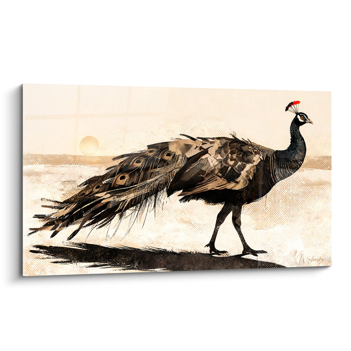 Paon noir et beige marchant, traîne de plumes déployée, soleil pâle en arrière-plan sépia